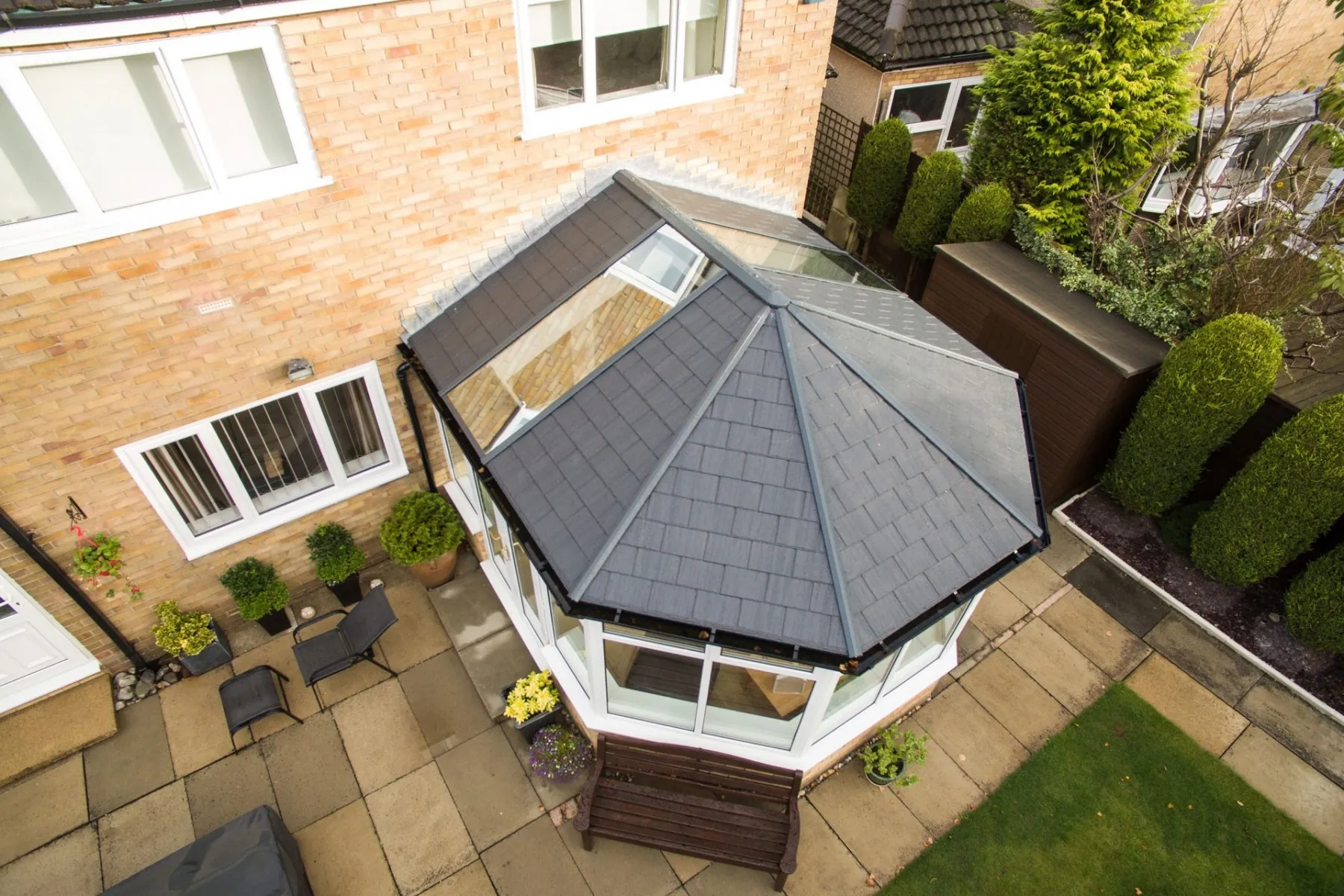Ultraframe Ultraroof tiled conservatory roof with full-length glazed panels
